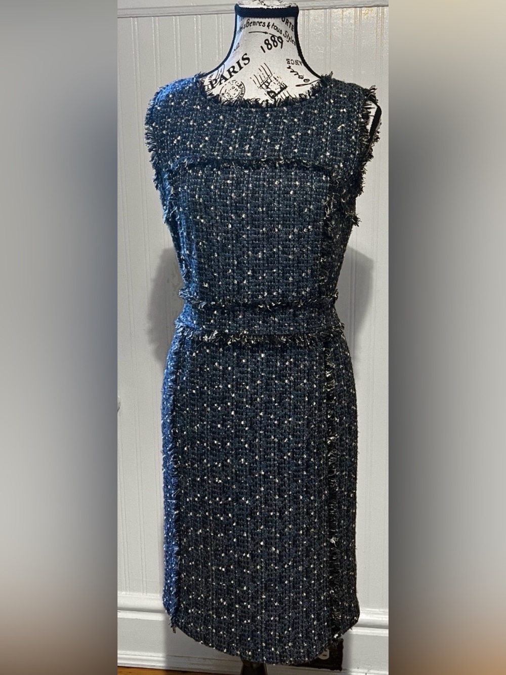 Tory Burch Navy and Silver Tweed Midi Dress